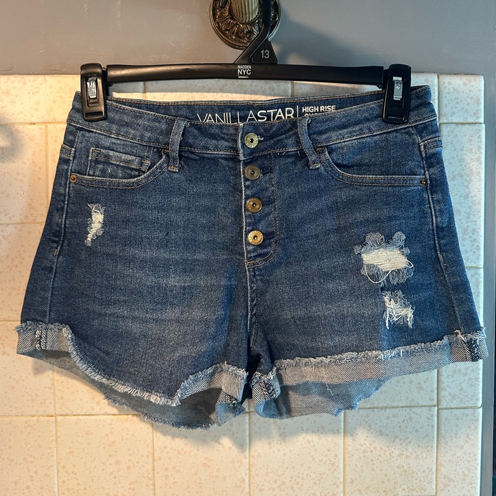 Vanilla Star Dark Blue Distressed Jean Shorts